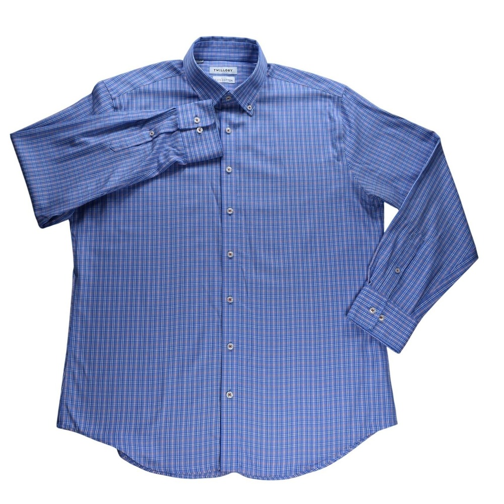 Twillory Mens 17 34/35 Tailored Fit Non-Iron Safe Cotton Blue Plaid Dress Shirt